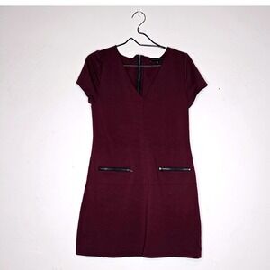 Sanctuary Womens Burgundy Ponte Knit V-Neck Mini Shift Dress Zipper Pockets L